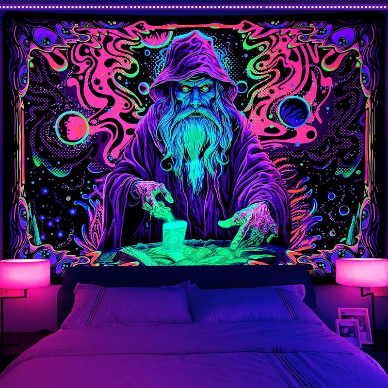 TikTok Shop Blacklight Tapestry Trippy Wizard Tapestry for Bedroom UV Reactive Tapestries Magic Eyes Tapestry Neon Starry Wall Tapestry Hanging for Home Dorm Decor