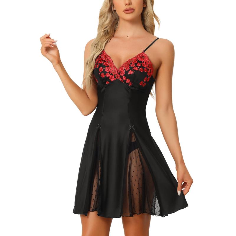 TikTok Shop cheibear Satin Mesh Inset Nightgown Mini Chemise Dress Black Red