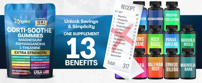 Product Introduction of Zoyava Corti-Soothe Gummies - Mixed Berry Flavored All-in-One Cortisol Supplement with Magnesium, L-Theanine, Lions Mane & 10+ Extra Strength Ingredients, 60 Gummies 1