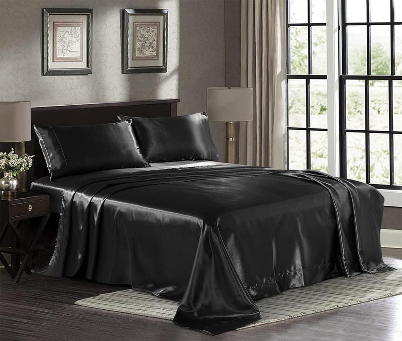 TikTok Shop Satin Sheets King Size 4 Piece Black Bed Sheet Set with 1 Deep Pocket Fitted Sheet 1 Flat Sheet and 2 Pillowcases