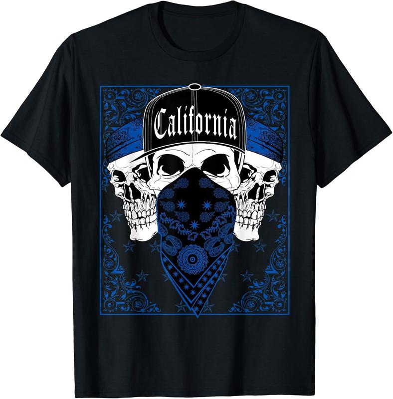 Mens Calidesign California Blue Bandana T-Shirt Skull Gangster Og Mens Calidesign California Blue Bandana T-Shirt Skull Gangster Og