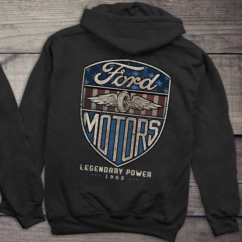 TikTok Shop Ford Hoodie Vintage Ford Motors Hoodie Legendary Power 1903 Tire Wings Shield Badge Pullover