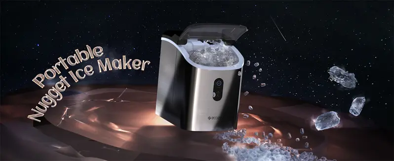 Product Introduction of ecozy Countertop Sonic Nugget Ice Maker.Chewable Ice Cubes.33 lbs Daily Output.Self-Cleaning.Stainless Steel for Party/Kitchen/Bar 17