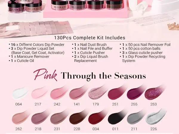 Product Introduction of AZUREBEAUTY 32 Colors + 10 Tools Dip Powder Nail Starter Kit, No UV Lamp All Season All-in-One Set, DIY Manicure at Home, Springtok Nail Care Nail Product 13