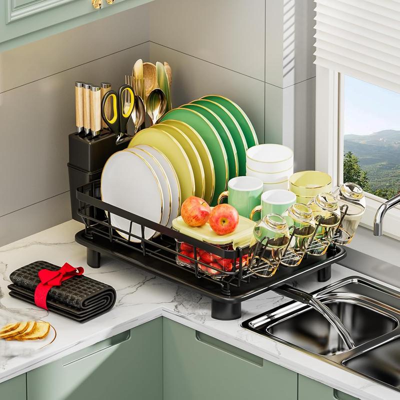 TikTok Shop Dish Drying Rack Black Large Dish Drainer Rack with Removable Utensil Holder Drainboard Swivel Spout Modern Kitchen Utensil Organizer for Dishes Spoons Forks Glasses Rustproof Metal