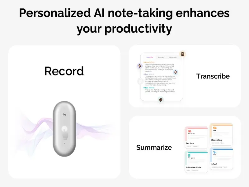 Product Introduction of PLAUD NotePin Smart Voice Recorder. 64GB Memory. Supports 112 Languages. App Control. AI Transcribe & Summarize. Audio Recorder for Lectures & Meetings 1