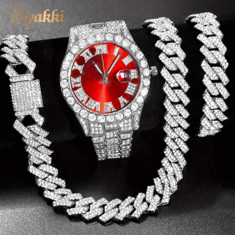 TikTok Shop Fashion Rhinestone Wrist Watch Hip Hop 14MM Prong Cuban Chain Rapper Cuban Necklaces Set Punk Party Gift