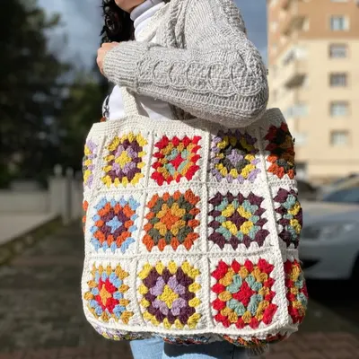 Granny Square Bag, Crochet Purse, fashion Crochet tote Bag, Retro Bag, Hippie Bag,Gift for Her,Boho Bag,Floral Bag,Flower,Knitted Tote Bag,aesthetic