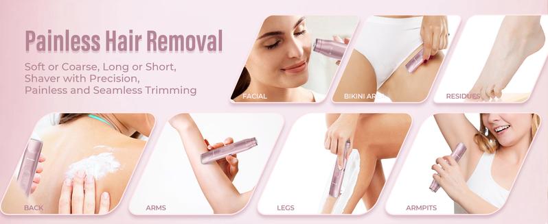Product Introduction of Akunbem Bikini Trimmer for Women, Electric Shaver and Razor Rechargeable 2-in-1 Body and Facial Epilator, Dual Heads for Painless Trimming of Pubic Hair, Face, Underarms and Legs, IPX7 Waterproof. Christmas Gift New Year Gift Shaving Grooming 3