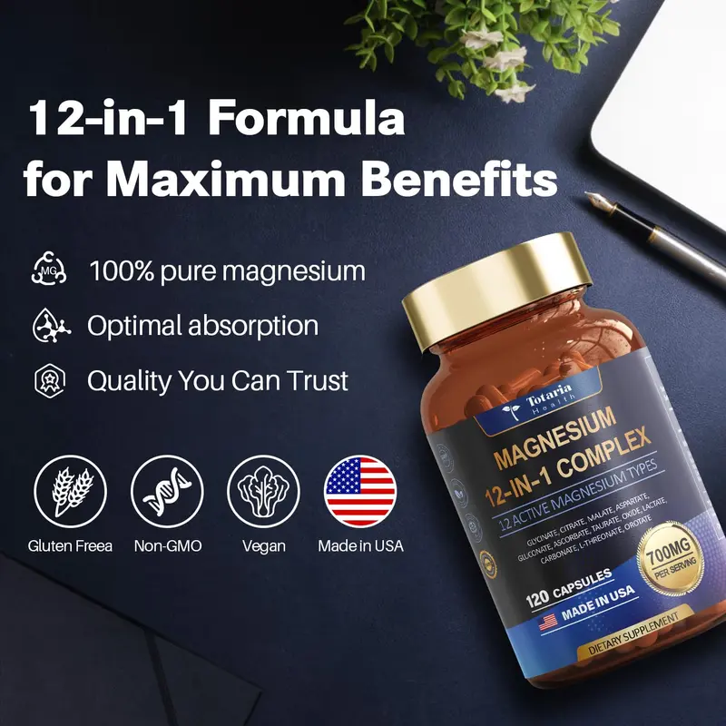 Product Introduction of Totaria 12-in-1 700mg Magnesium Complex - Glycinate Citrate Malate Oxide Taurate Aspartate Orotate, Vegan Capsules for Muscle, Heart, and Relaxation Support 2