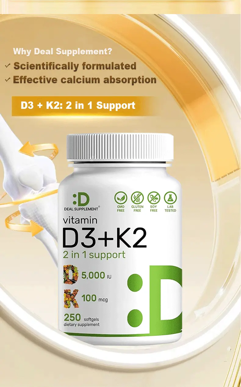 Product Introduction of Deal Supplement Vitamin D3+K2 | Immune Support | Bone Health | 250 Veggie Softgels Healthcare Dietary 7