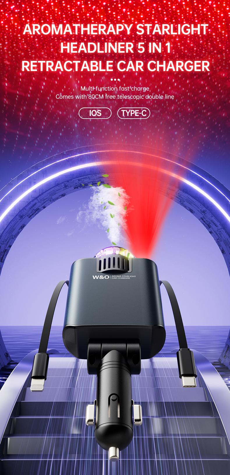 Product Introduction of W&O Aromatic Starlight In Car Roof Retractable Car Charger with Lightning Cable, Dual Charge Port (3*15ml Bottles), Fast Charging Adapter - Automotive 3