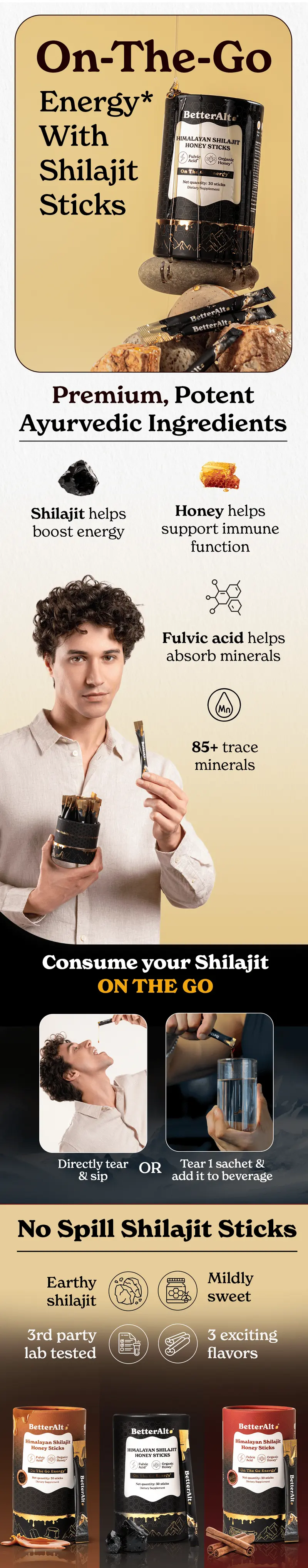 Product Introduction of BetterAlt GOLD+ Shilajit Honey Sticks | Lab-Tested for Purity | 85 Minerals & Fulvic Acid for Energy & Stamina | 30 Packs | Dietary Supplement 0