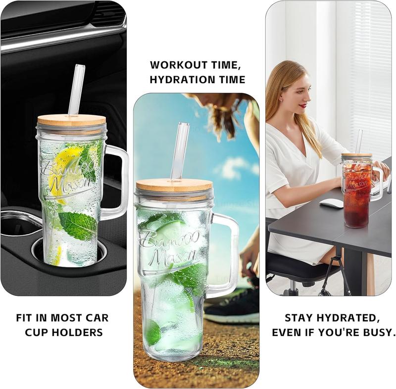 Product Introduction of Easter Gifts - 24 oz Glass Tumbler Cup with Handle- Stylish Coffee Glass Water Bottle With Lid&Straw, Wide Mouth Mason Jar Cups, Fit Car Cup Holder Bamboo Drinkware 5