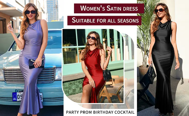 Product Introduction of OYS Women's Satin Elegant Sleeveless High Neck Tie Cocktail Party Maxi Dress Fabric Formal 2