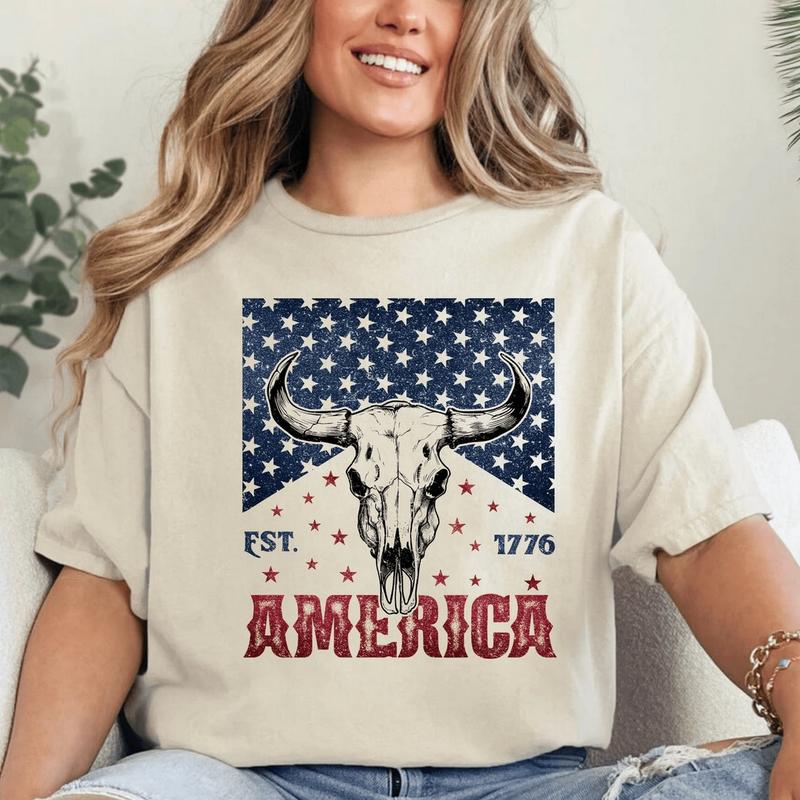 Patriotic Flag Shirt Western Style Bull Cow Skull Tshirt Patriotic Flag Shirt Western Style Bull Cow Skull Tshirt