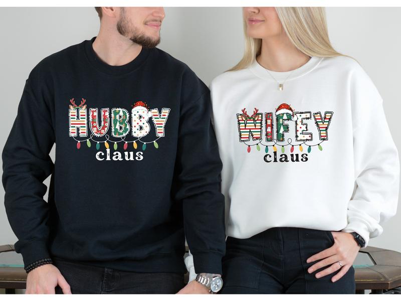 TikTok Shop Christmas Couple Sweatshirt New Year Gifts Wifey Hubby Xmas Sweatshirts Santa Claus Newlywed Christmas Sweater First Xmas Married Tshirt