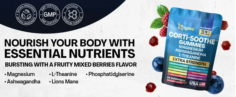 Product Introduction of Zoyava Corti-Soothe Gummies - Mixed Berry Flavored All-in-One Cortisol Supplement with Magnesium, L-Theanine, Lions Mane & 10+ Extra Strength Ingredients, 60 Gummies 4