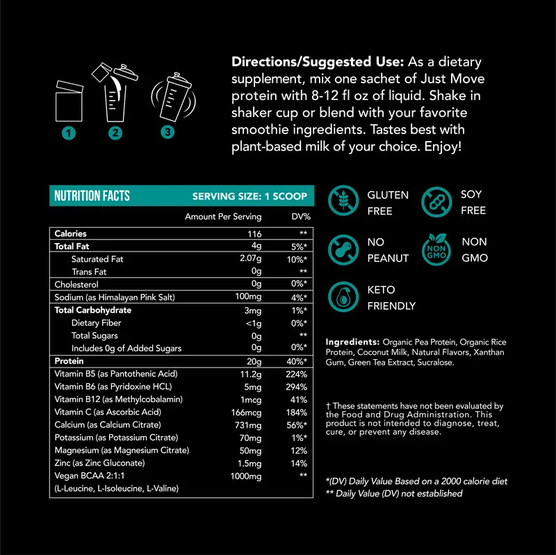 Product Introduction of Just Move Protein Sample 7 Pack - Vegan (Plant Based) Organic, Dairy Free, Soy Free, Gluten Free, Keto, Peanut Free, 20g -22g Protein, Low Carb, Non GMO supplements fitness dietary supplement post-workout recovery Edible Flavor Healthy Multi Flavors 15