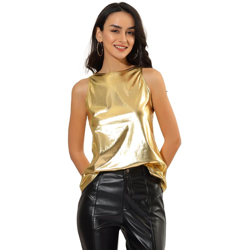 TikTok Shop Allegra K Party Shiny Sleeveless Camisole Club Shimmer Metallic Tank Top Shiny Gold