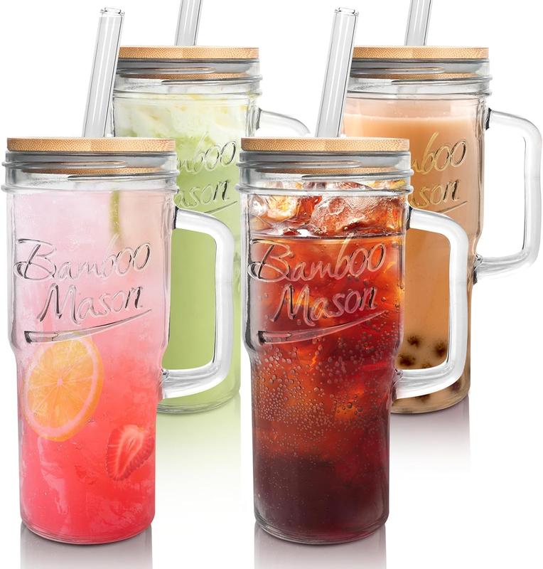 Easter Gifts - 24 oz Glass Tumbler Cup with Handle- Stylish Coffee Glass Water Bottle With Lid&Straw, Wide Mouth Mason Jar Cups, Fit Car Cup Holder Bamboo Drinkware 0