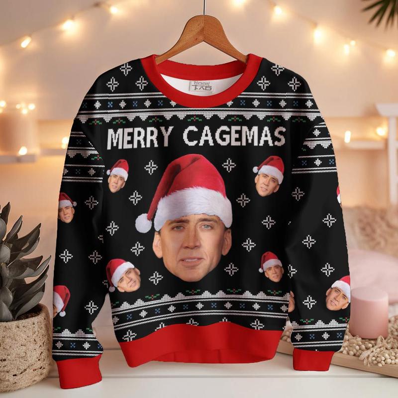 TikTok Shop Merry Cagemas Nicolas Cage Christmas Ugly Sweater Meme Funny Noel Christmas Ugly Sweater Retro Trendy Ugly Sweater Sweater Lover Gift For Dad Gift For Mom Outfit For Family Holiday