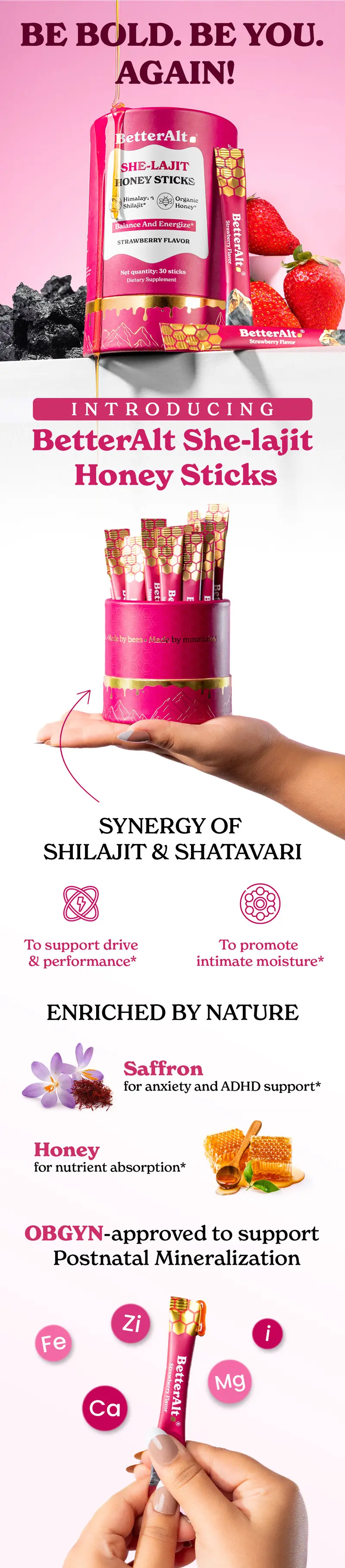 Product Introduction of Women Multi-Mineral Honey Sticks | BetterAlt SHE-Lajit Strawberry Flavor | Shilajit, Shatavari & Saffron | Hormonal Balance & Energy - 30 Honey Packs 0