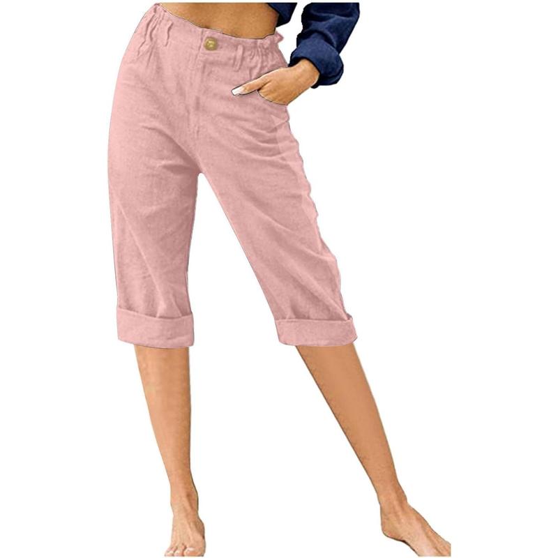 TikTok Shop Linen Capri Pants for Women Summer Casual Elastic Waist Cropped Pants Cott Wide Leg Plus Size Capris with Pockets