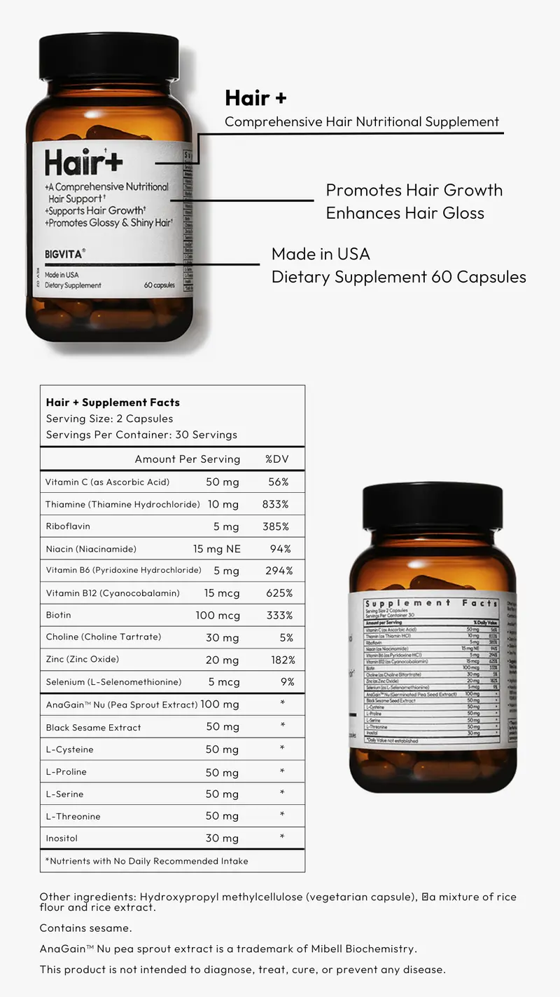 Product Introduction of BIGVITA Hair+ | Vegan Gluten Free Haircare Supplements for Women and Men, Vitamins for Healthy Natural Faster Hair Growth 19