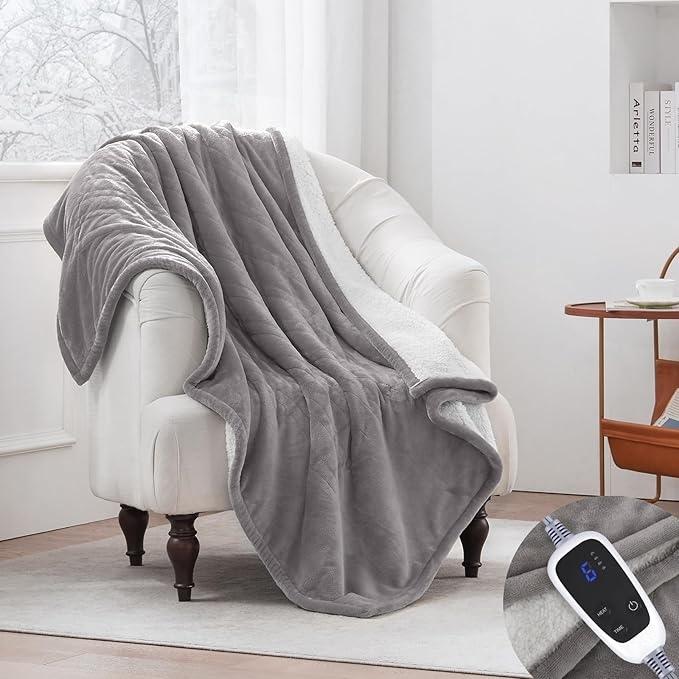 TikTok Shop Electric Throw Blanket Flannel Sherpa Heated Throw with 6 Heating Levels 2 10 Hours Auto Shut Off Fast Heating Machine Washable 50x60 Inch Light Grey