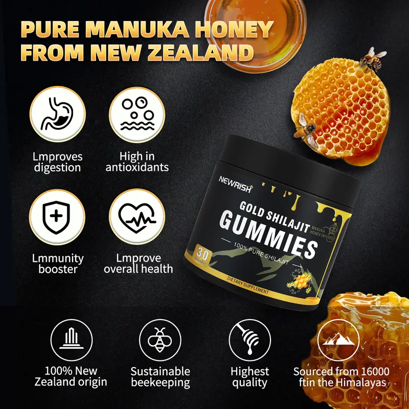 Product Introduction of Summer Turn-Up【Newrish】Organic Shilajit Gummies l Manuka Honey | Natural and Organic | Sugar-free | Improves ability and endurance | Promotes gastrointestinal motility l Cell health l 30 capsules Vitamin Dietary 2