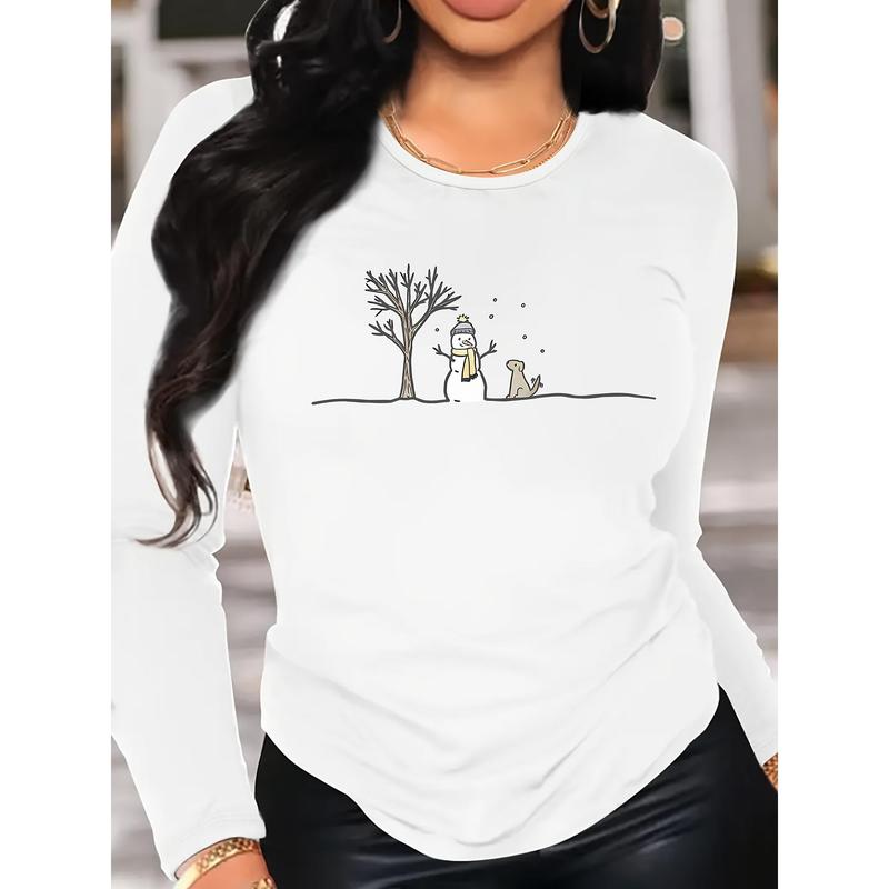 TikTok Shop: Women's Casual Crew Neck Long Sleeve T-Shirt with Cartoon  Snowman and Dog Under Bare Tree Print, 100% Polyester Knit Fabric with  Medium Stretch