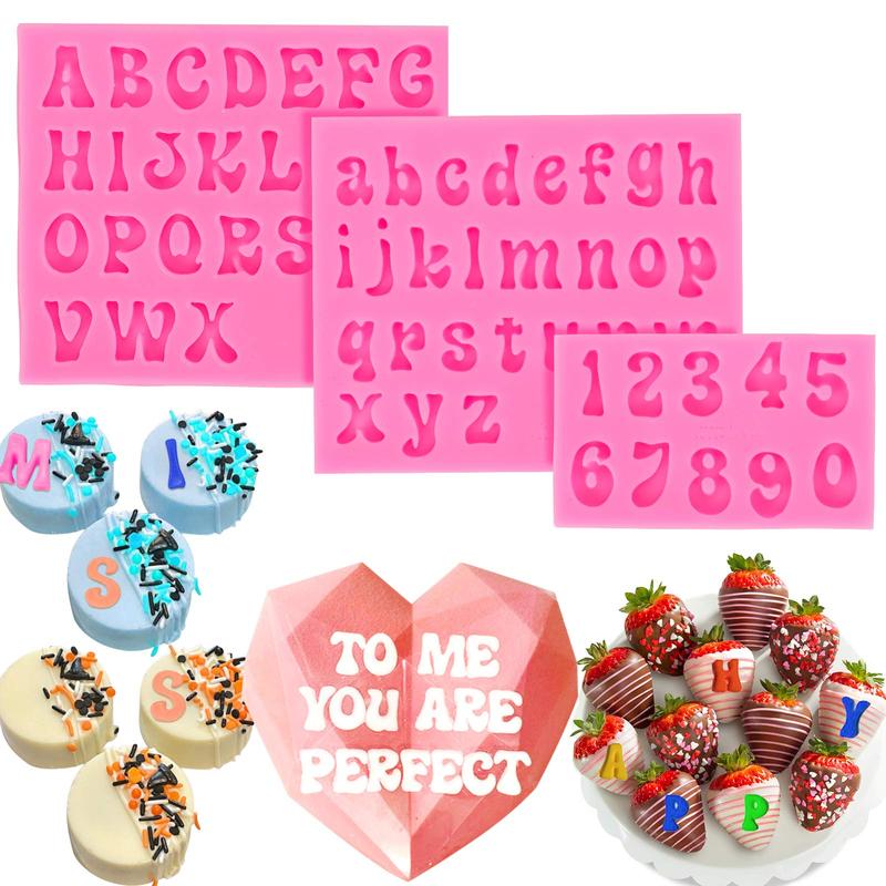 TikTok Shop 3Packs Letter Molds for Chocolate Covered Strawberries Silicone Uppercase Lowercase Alphabet Number Fondant Mold for Making Candy Gummy Biscuit Ice Cube Tray Cake Decorations