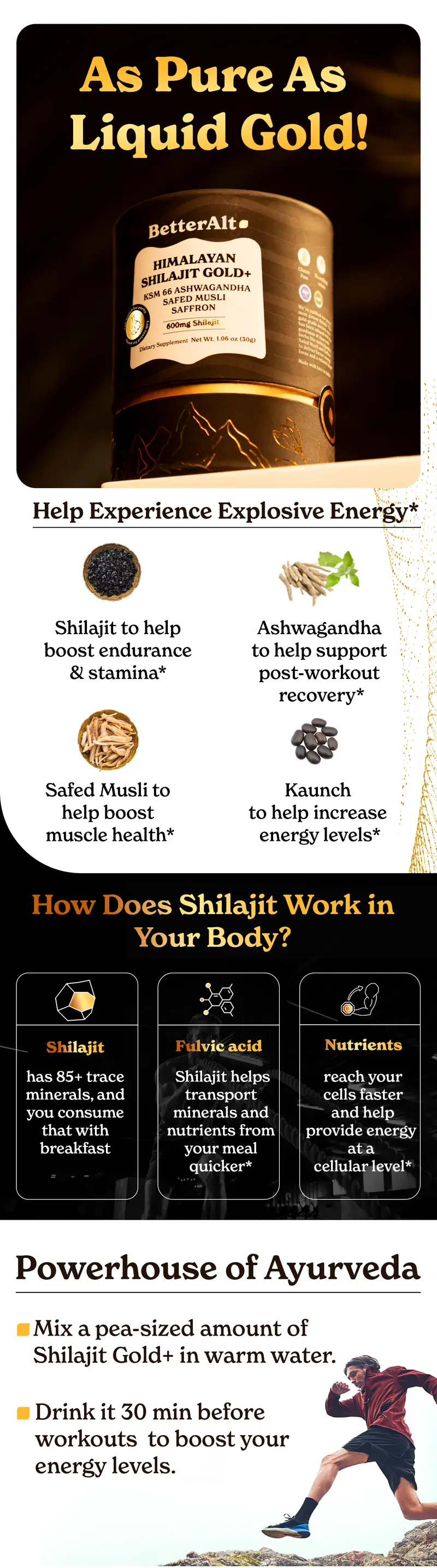 Product Introduction of BetterAlt Himalayan GOLD+ Shilajit Resin with KSM-66 Ashwagandha | Lab-tested | Pre-Workout for Muscle Recovery, Gym Performance | 2-Month Pack 0