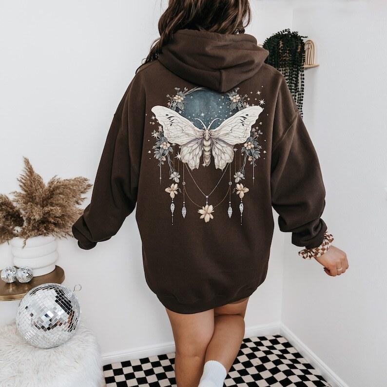 TikTok Shop Vintage Boho Dreamy Luna Moth Hoodie Celestial Charms Lunar White Moth Sweater Moon Stars Botanical Floral Star Top Hooded Sweatshirt Goth