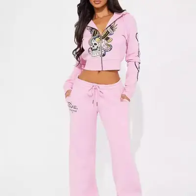 Motel Rocks Matching Set Crop Zip Hooded Jacket & popular Wide Leg High Rise Track Pants