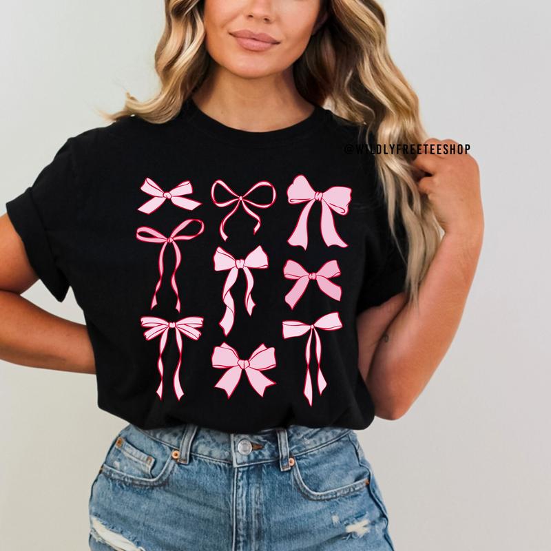 TikTok Shop Pink Bow Shirt Ribbon Bow Shirt Girly Girl Shirt Womens Tshirts Aesthetic Clothes Trendy Shirts Birthday Gifts Tees