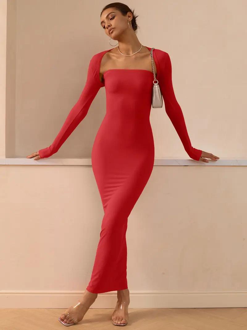 Product Introduction of REORIA Womens Sexy Summer Beach Outdoorfun Outfits Dating LongSleeves Bolero Shrug Going Out Strapless Fashion Maxi Dress Spring Bodycon Matching Sets 2