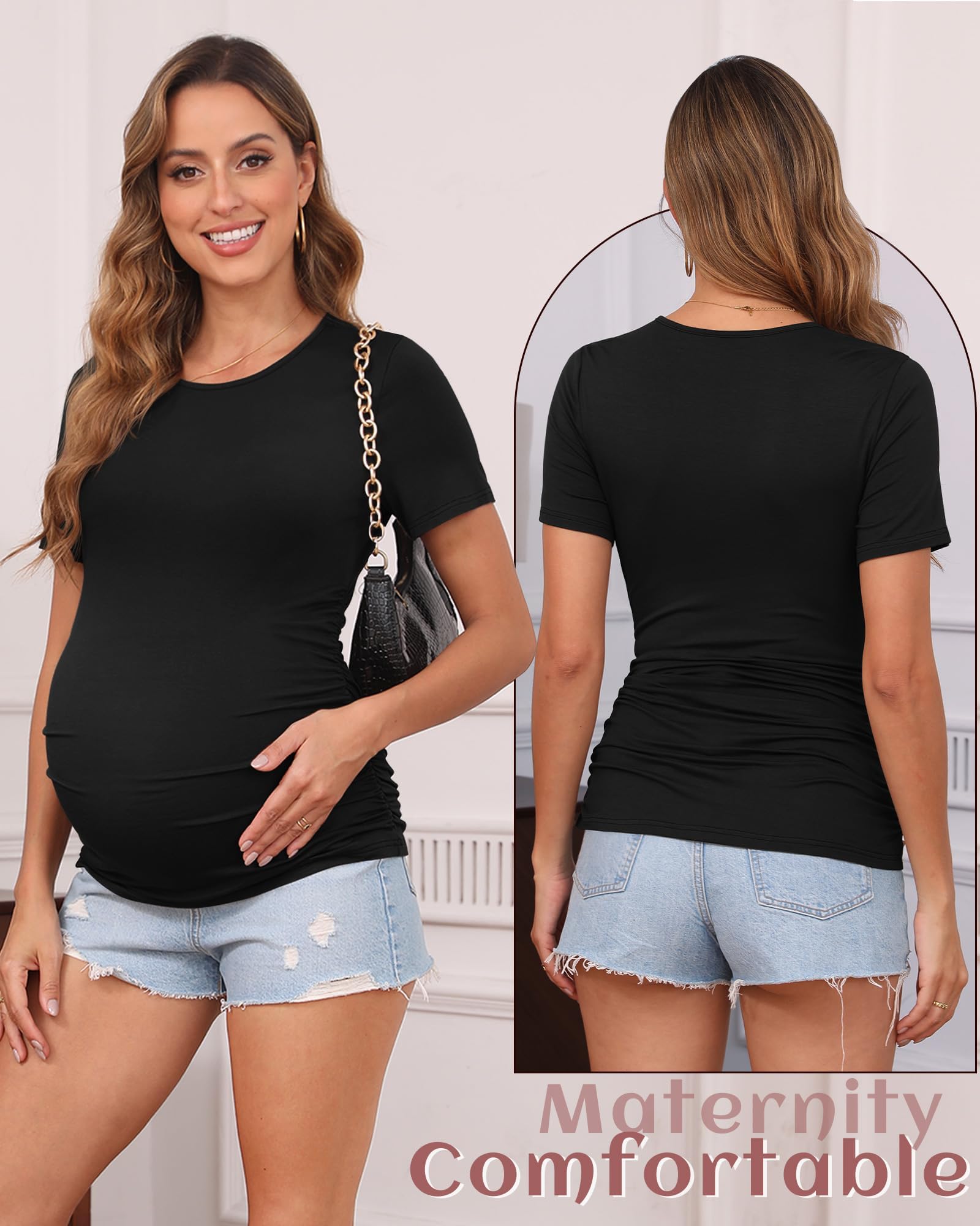 Side Ruched Maternity T-Shirt – Soft Crew Neck, Short Sleeve Tee, Casual Pregnancy Top 2 43dbe951308645d7acca9f942147dd02~tplv omjb5zjo8w origin jpeg