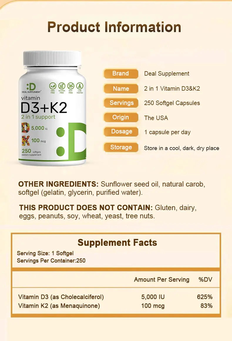 Product Introduction of Deal Supplement Vitamin D3K2, 250 Veggie Softgels, 2 in 1 (5000 IU D3+100mcg K2 MK7) | Healthy Bones, Teeth, Heart, Immune System 13