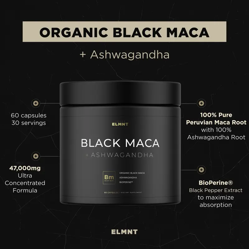 Product Introduction of ELMNT 40x Strength Organic Black Maca Root w. Ashwagandha - High Potency Black Maca Root Capsules for Men. 100% Pure Maca Powder. Exercise support 3