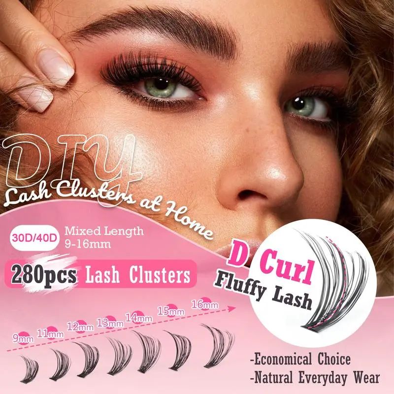 Cofier 280PCS DIY Eyelash Extension Kit Professional Lash Clusters Beginner Friendly Lash Bond and Seal, D Curl Individual Lashes Kit Lash Tweezers & Curler for Self Use 4