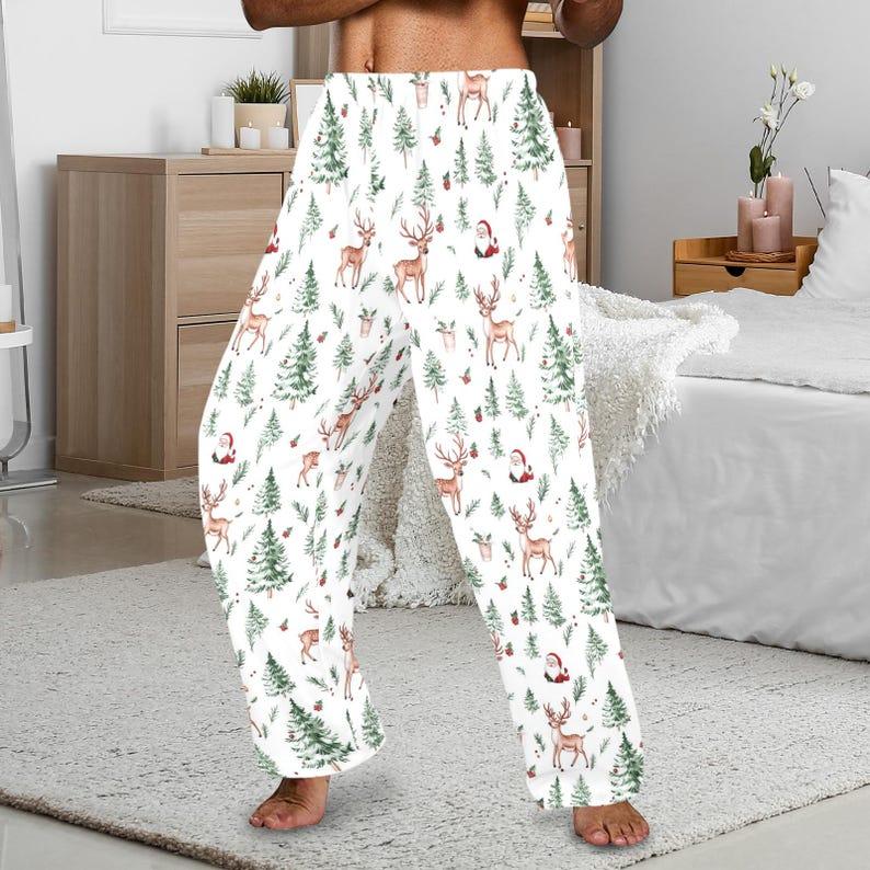 TikTok Shop White Christmas Men Pajamas Pants Santa Claus Trees Reindeer Xmas PJ Pockets Sleep Lounge Trousers Guys Male Matching Sleepwear Bottoms