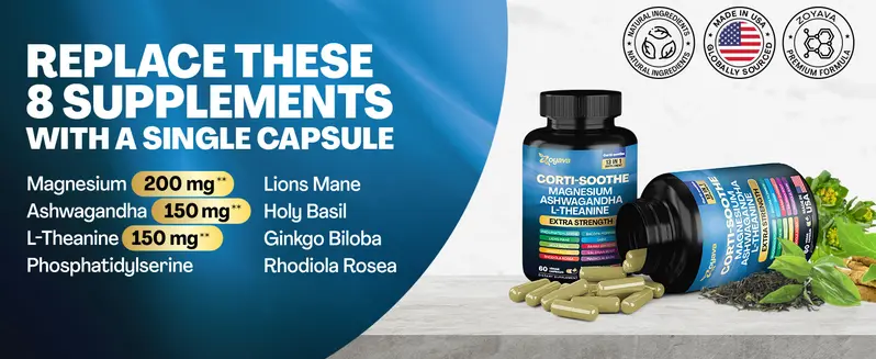 Product Introduction of Zoyava Corti-Soothe Supplement, All-in-One Cortisol Supplement with Magnesium, Ashwagandha, L-Theanine & 10+ Extra Strength Ingredients, 60 Capsules, MADE IN USA 8