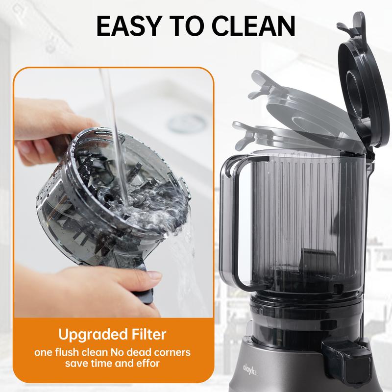 Product Introduction of Olayks Slow Masticating Juicer, Juice and Pulp Separator, Automatic Cold Press Juicer for Home, Large Chute Fruit Juice Extractor, Easy to Clean, gift 5