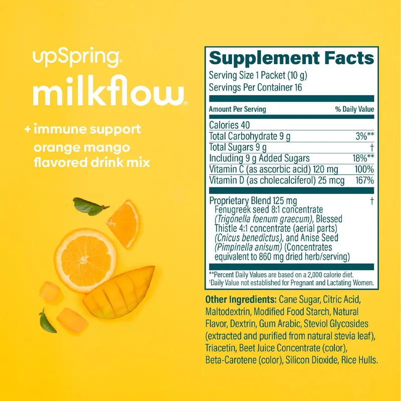 Product Introduction of UpSpring MilkFlow Drink Mix Fenugreek &  Vitamin C&D for Immune Support, Orange Mango 2