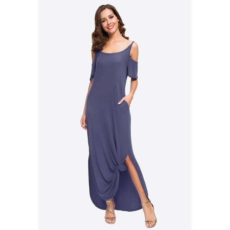 TikTok Shop Cold Shoulder Split Maxi Dress with Pockets