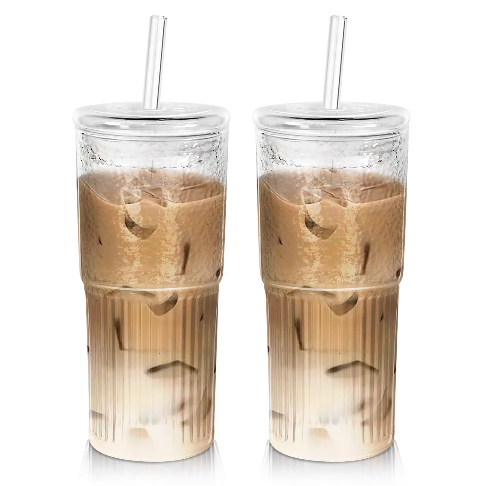 Summer Iced Coffee Cups – 22OZ Glass Mug Set w/ Plastic Lids – Perfect for Cold Brew, Smoothies & Cocktails, Glass Cups Ribbed Clear Cups Coffee Mug, Easter Gifts – Shatterproof Borosilicate Glass – Stackable Retro Cups for Home