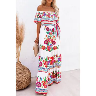 Fashion Vintage Print Patchwork Off the Shoulder A Line Dresses Fashion Vintage Print Patchwork Off the Shoulder A Line Dresses