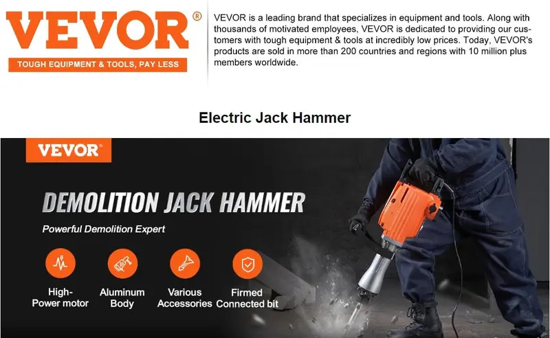 Product Introduction of VEVOR Demolition Jack Hammer Concrete Breaker, Various specifications, Electric Hammer, Chisel Bits Professionals Aluminum 7